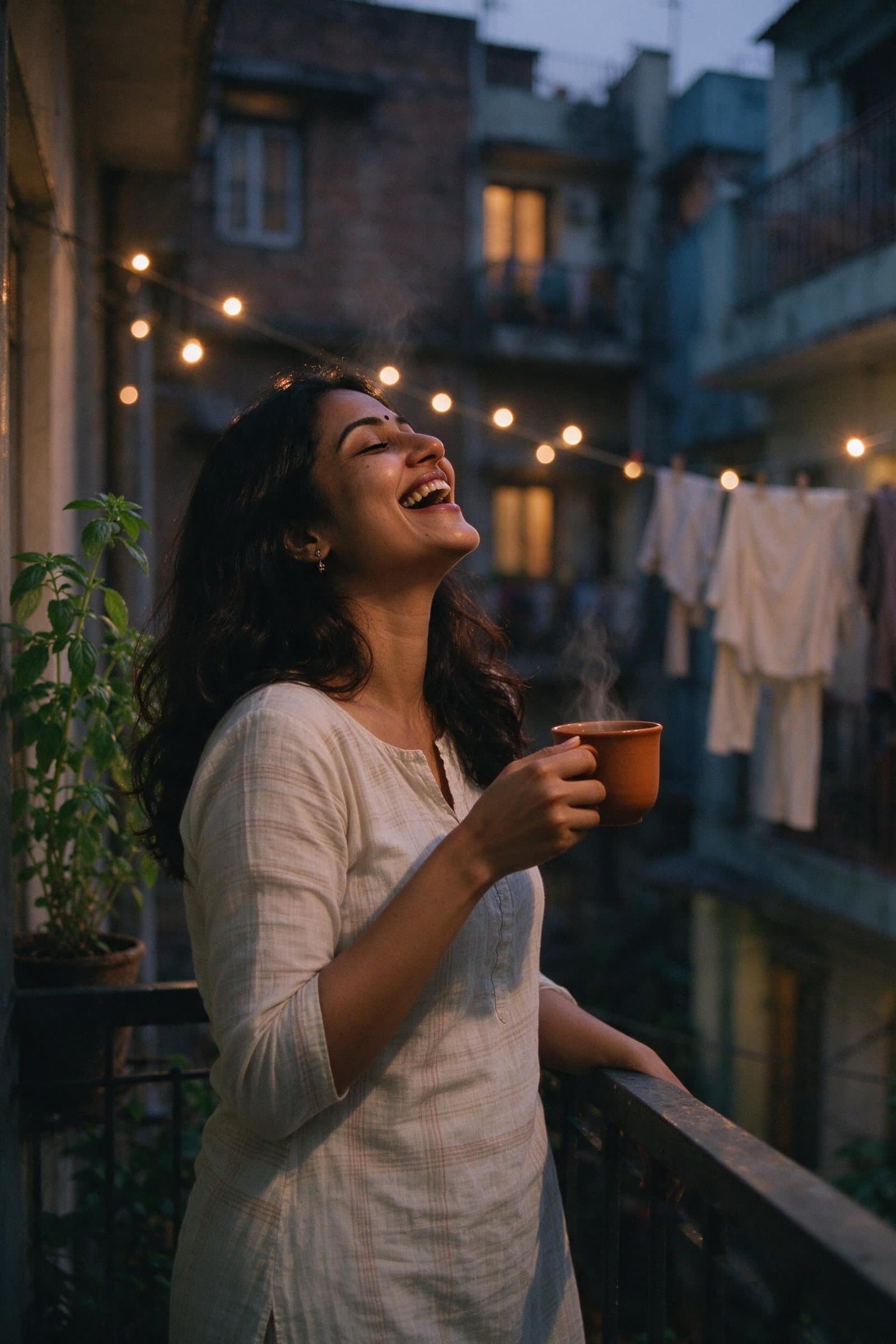 A woman laughing with a cup of tea on a city balcony at dusk, string lights behind her