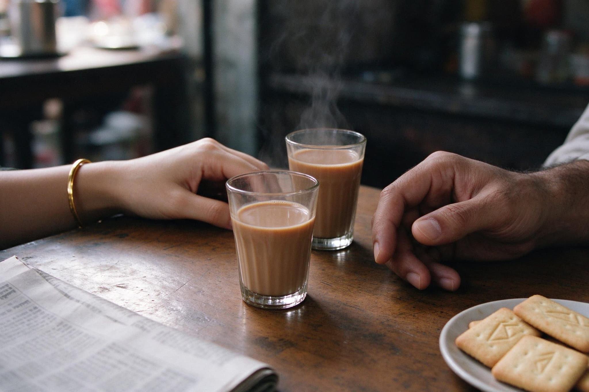 Two glasses of milky cutting chai on a wooden table between a woman’s hand and a man’s hand