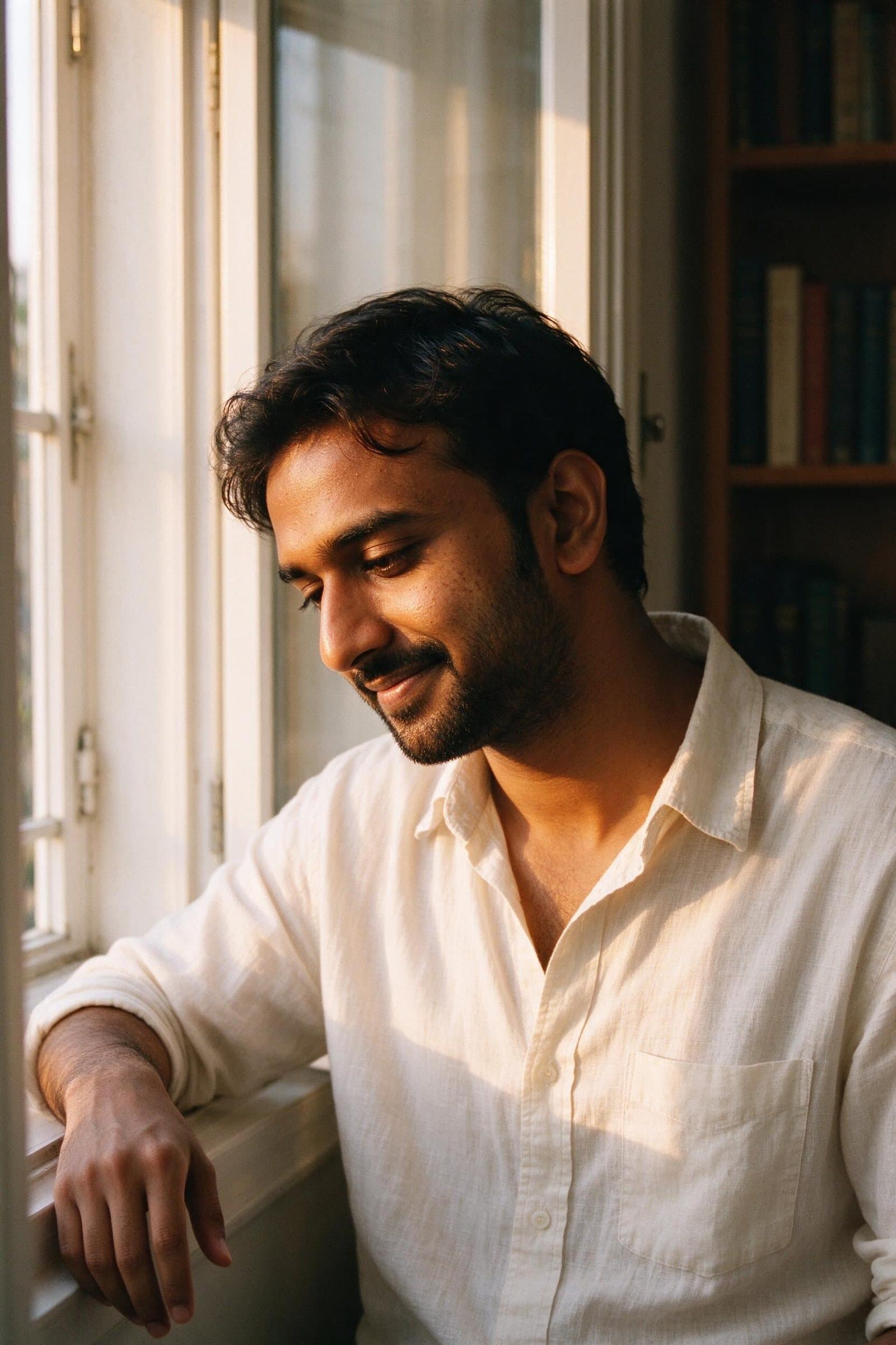 A man in a linen shirt smiling to himself by a sunlit window
