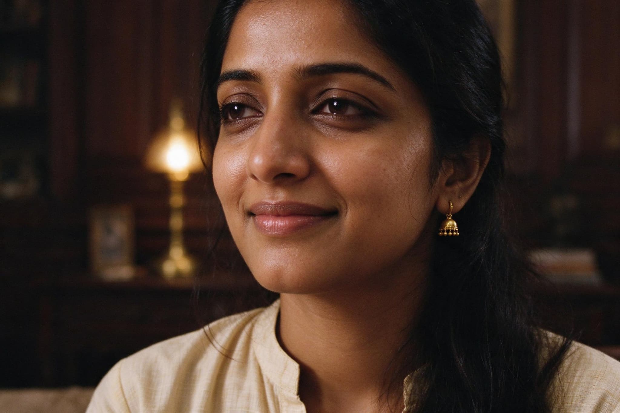 A woman smiling to herself in lamplight at home, a brass lamp glowing behind her